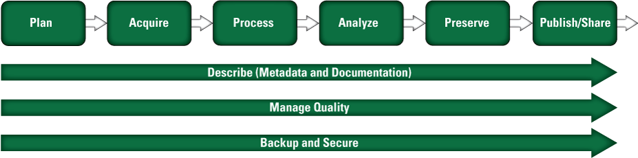 Steps: plan, acquire, process, analyze, preserve, publish/share. During all steps,
                     describe (metadata and documentation), manage quality, and backup and secure.