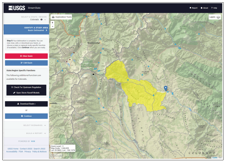 A map displayed in the StreamStats version 4 user interface with a drainage basin
                     generated from a user-selected point on a stream and a menu bar for changing variables.