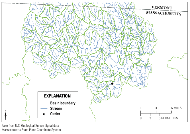 Map of subbasin drainage boundaries and streams with a selected outlet point where
                        a drainage basin is desired.