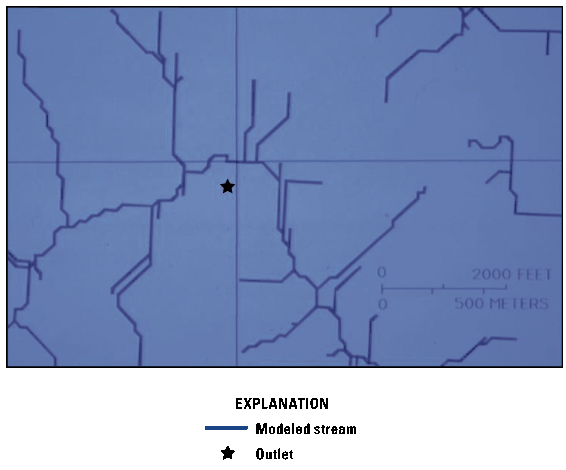 Selected outlet point from figure 4 shown as blue crosshairs, and nearby modeled streams.