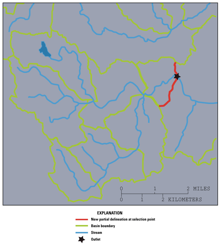 Newly delineated basin boundary line derived from raster data crosses the selected
                        outlet point and ends on both sides at existing subbasin boundaries.