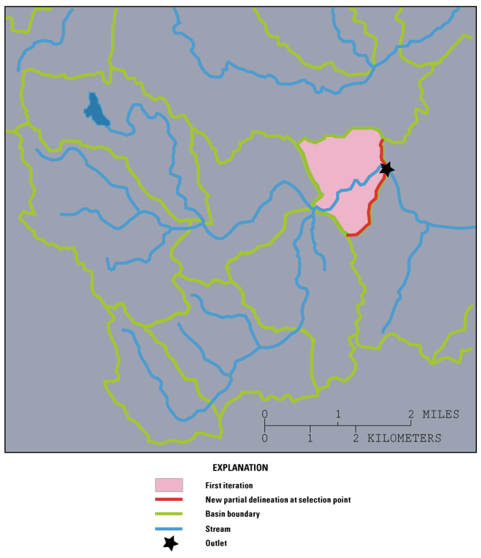 First iteration: area within the newly delineated boundary line and adjacent existing
                        subbasin boundaries is captured.