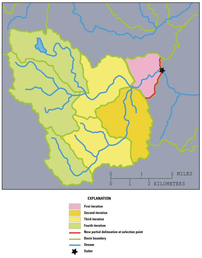 Fourth iteration: three more upstream subbasins are captured.