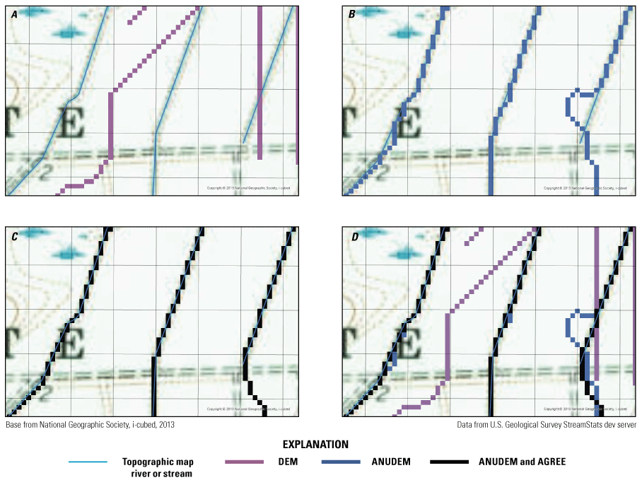 A series of maps showing how disagreements between streams generated from elevation
                     data and mapped streams are resolved by using two computer programs.