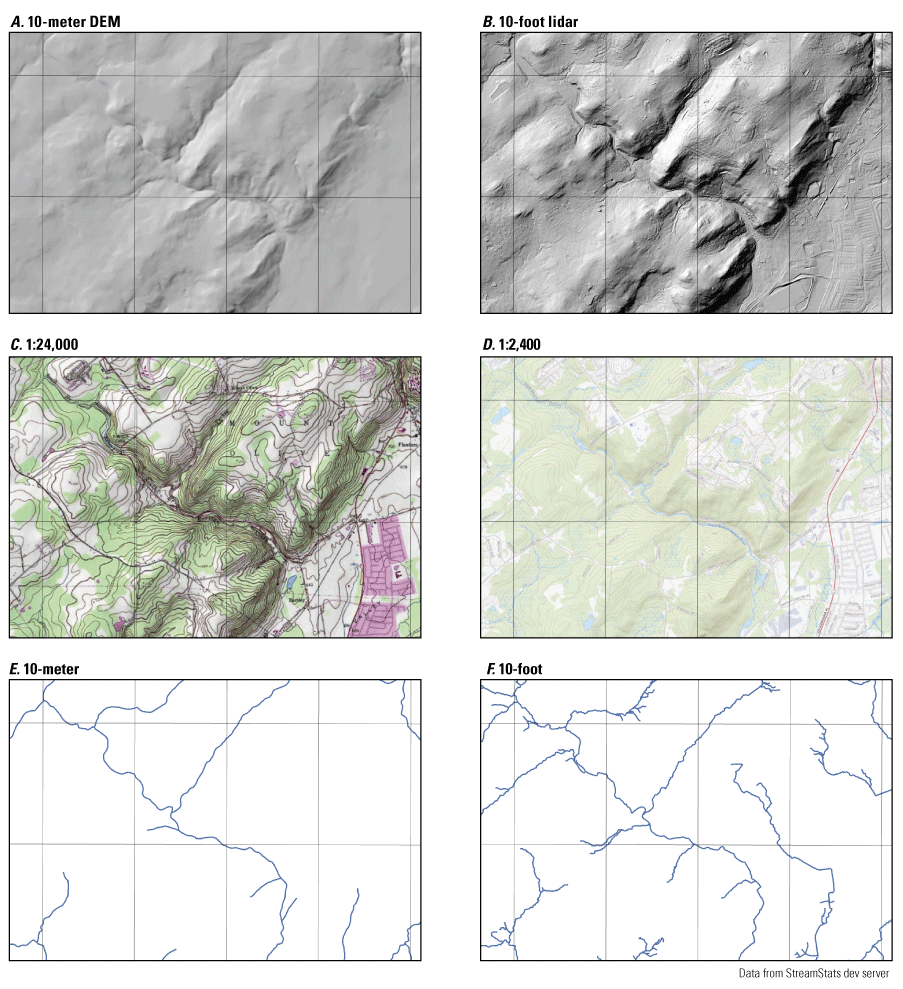 A series of maps showing improvements in detail resulting from use of higher resolution
                        digital elevation and stream networks.