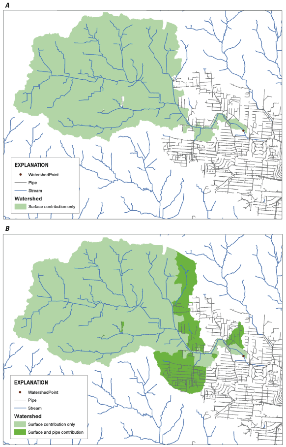 Adding areas draining to storm sewers to the surface water drainage model increases
                        the predicted amount of water in the combined downstream areas.