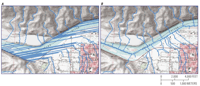 Map A shows unrealistic stream lines generated from elevation data in a water body,
                        and map B shows improved stream lines after applying the bathymetric gradient process