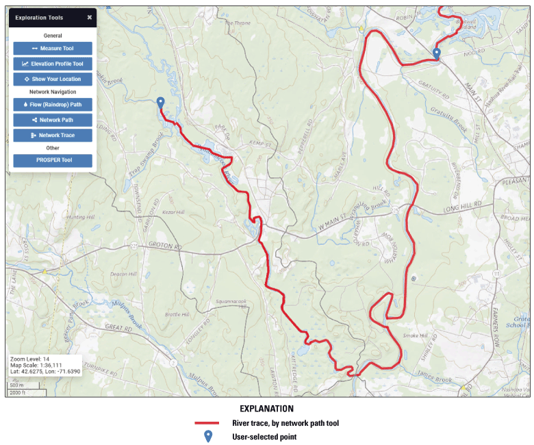 Red line highlighting a stream trace between two selected stream locations on a map.