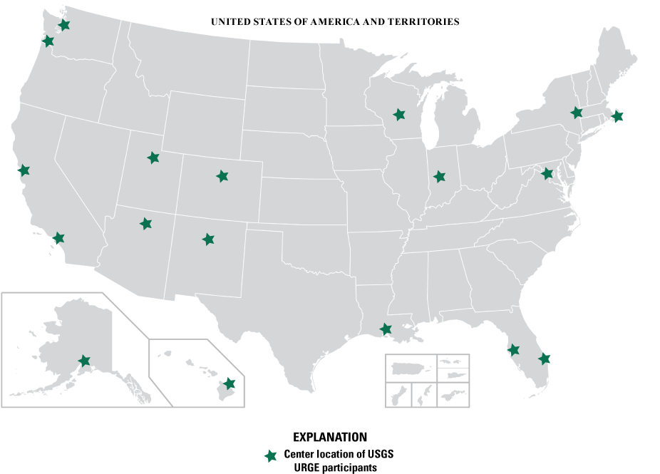 Map shows Center locations of USGS URGE participants in United States and territories.