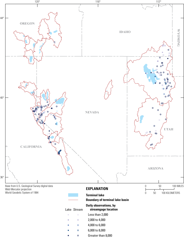 Streamgage and lake-elevation gage sites with at least three measurements each year,
                  in the Great Basin, 2000–22.