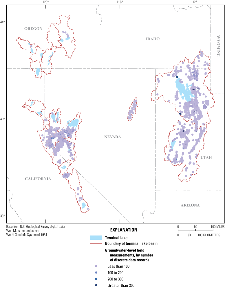 Groundwater-level measurement sites with at least two discrete measurements in at
                  least 1 year, in the Great Basin, 2000–22.
