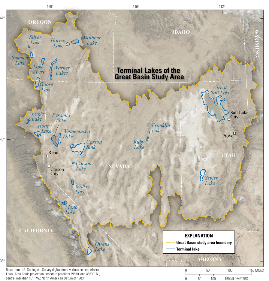 Great Basin study area, including parts of Nevada, Utah, Idaho, Wyoming, Oregon, and
                     California. Terminal lakes initially identified by U.S. Geological Survey partners
                     are shown, and include Eagle, Honey, Mono, and Owens Lakes in California; the Great
                     Salt Lake and Sevier Lake in Utah; Carson Sink and Carson, Franklin, Pyramid, Ruby,
                     Walker, and Winnemucca Lakes in Nevada; Lake Abert and Harney, Malheur, Silver, Summer,
                     and the Warner Lakes in Oregon; and Goose Lake on the border of California and Oregon.