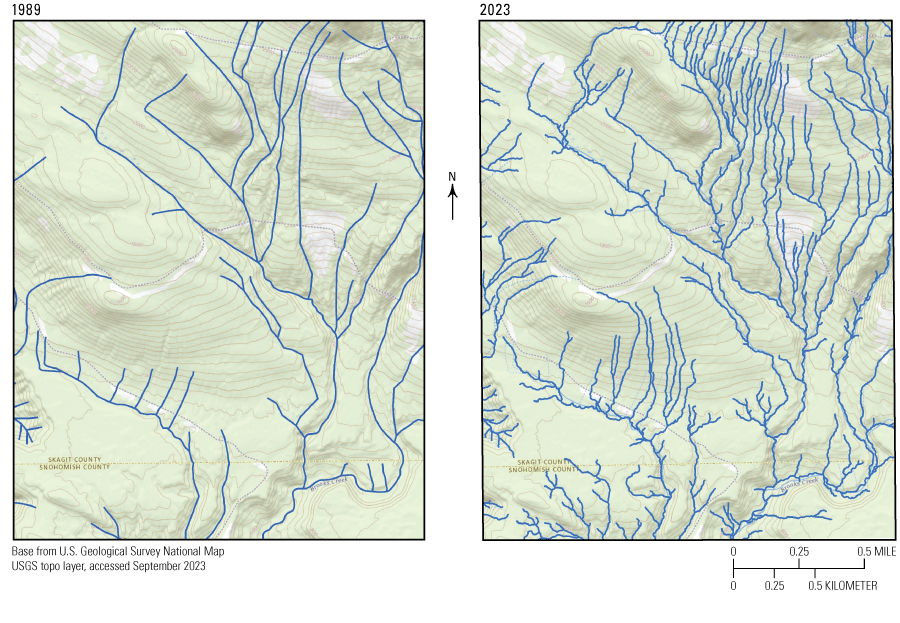 The 2023 map on right using 3DEP data shows more streams and better alignment of streams
                     to contours than the 1989 map on left