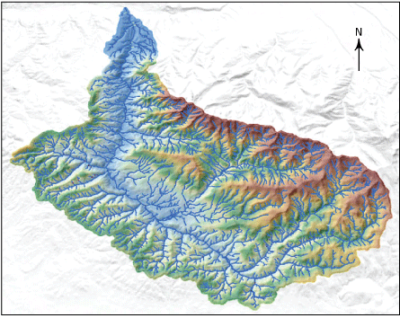 Image of 3D Hydrography Program data for Canyon Creek watershed, Oregon, with colored
                        watershed surrounded by gray shaded relief