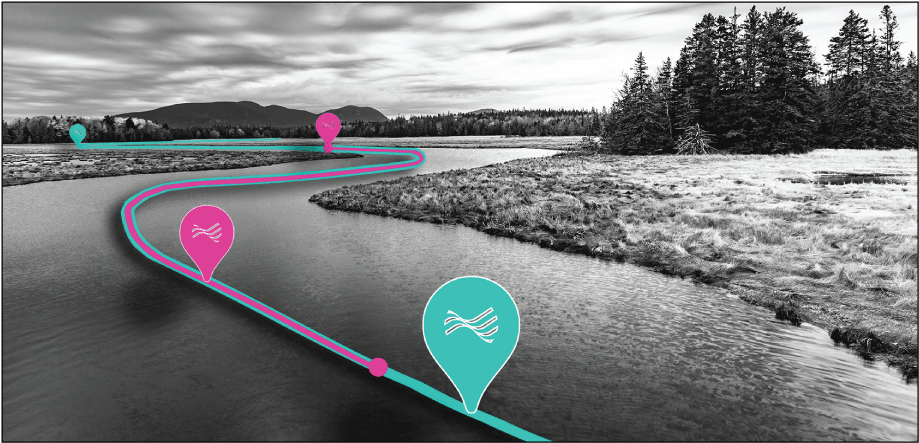A gray river image is overlain by a midline on which blue pins (resembling light bulbs)
                        mark points and a magenta line and pins mark a segment