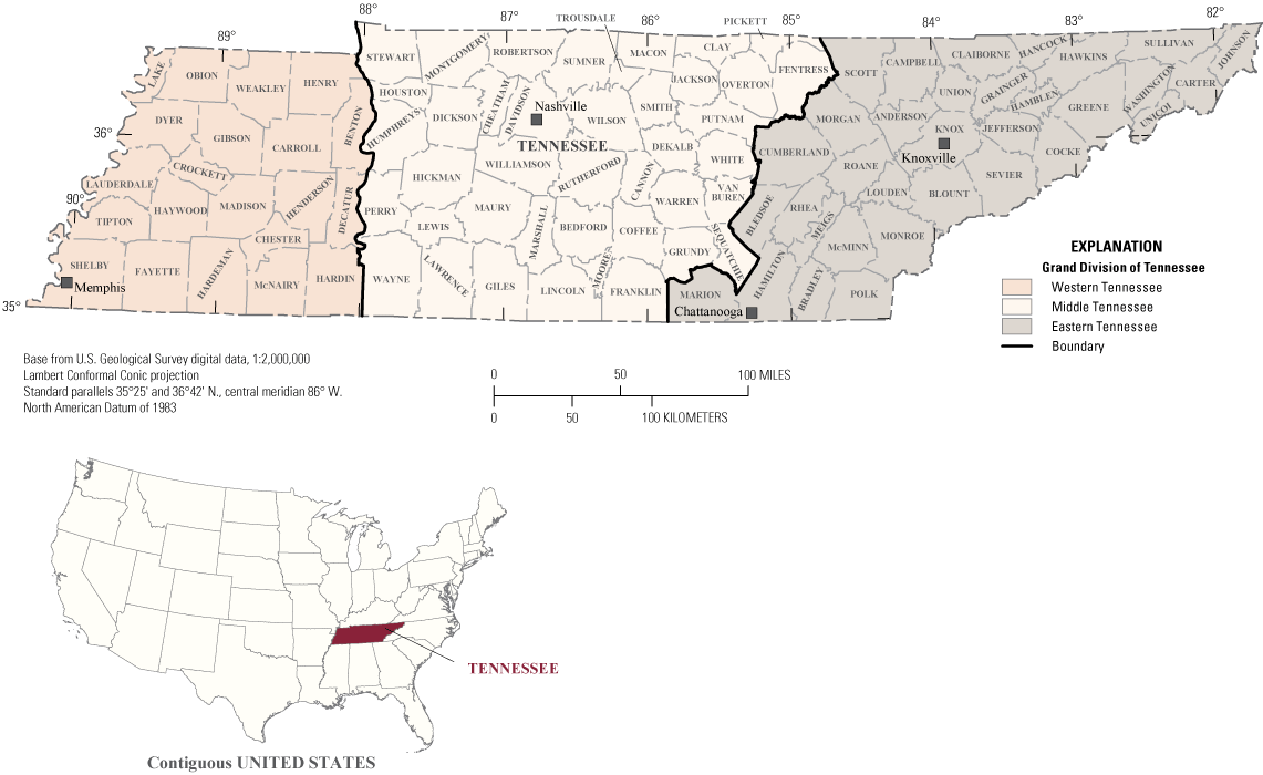 Figure 1. Maps show locations of Grand Divisions, counties, and major cities in Tennessee.
