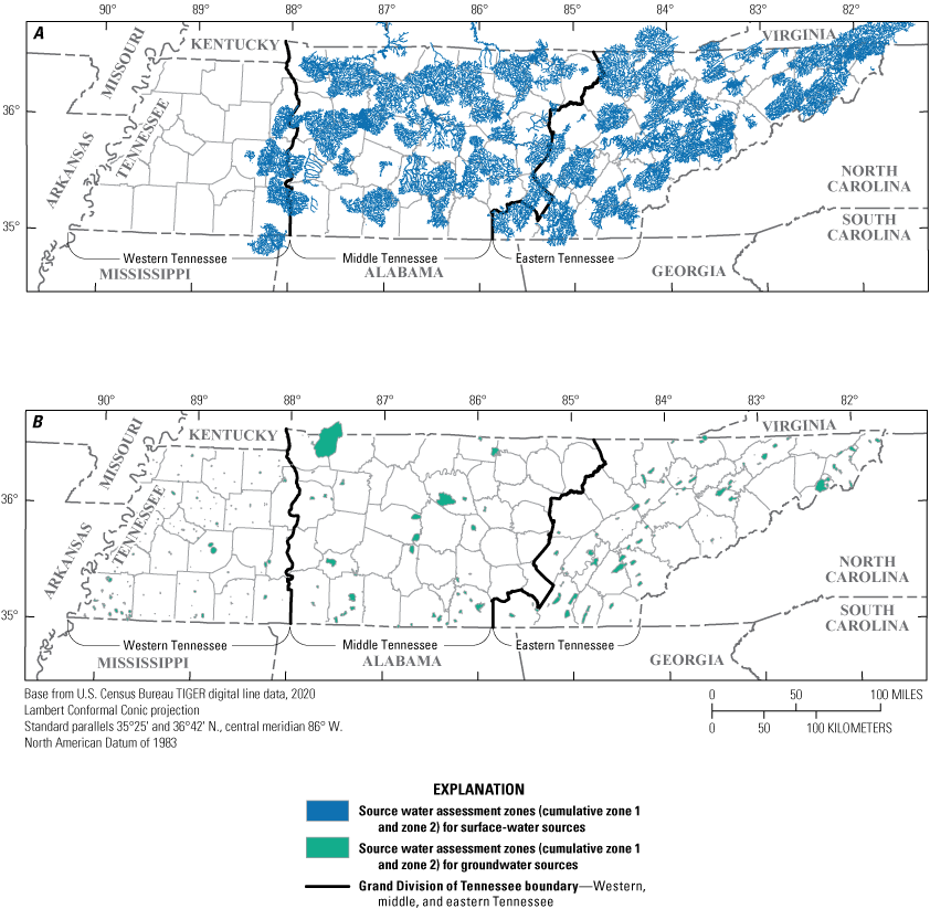 Figure 8. Maps show surface-water sources mostly in middle and eastern Tennessee,
groundwater sources more evenly distributed.