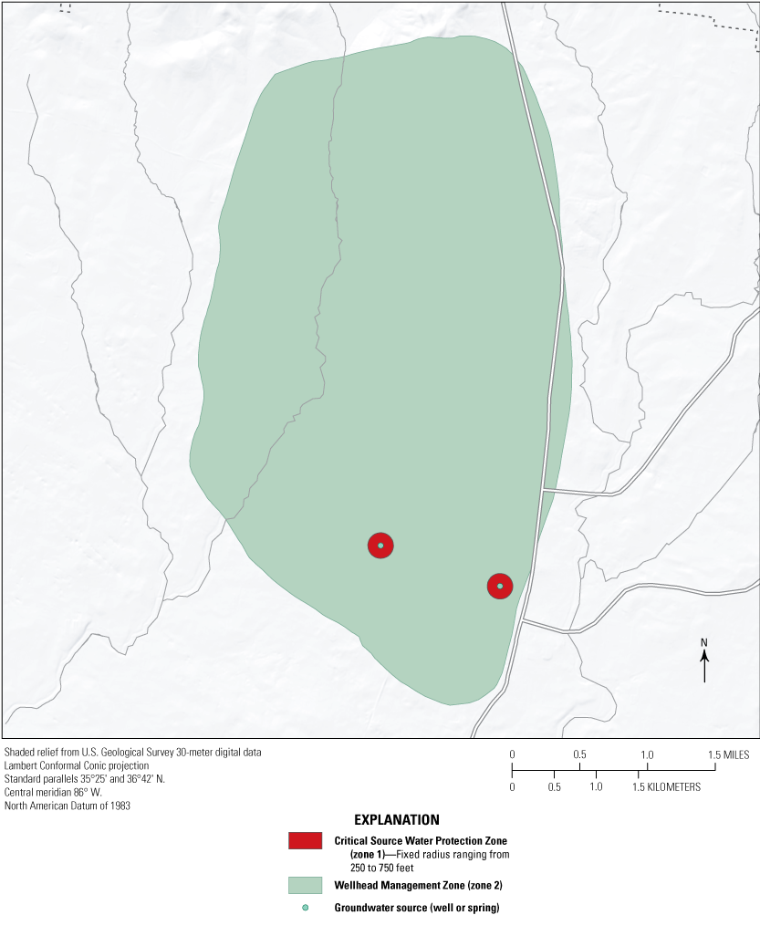 Figure 9. Map shows protection zones of 500 feet radius at 2 groundwater wells and
larger management zone surrounding protection zones.