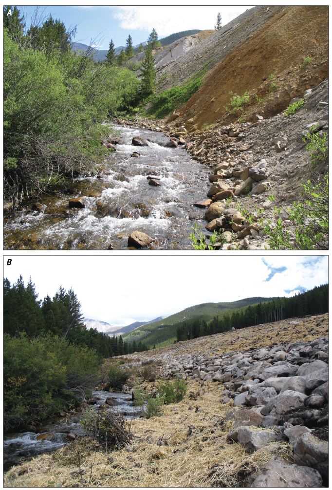 Stream surrounded by green vegetation on the left and rocky hillside on the right.