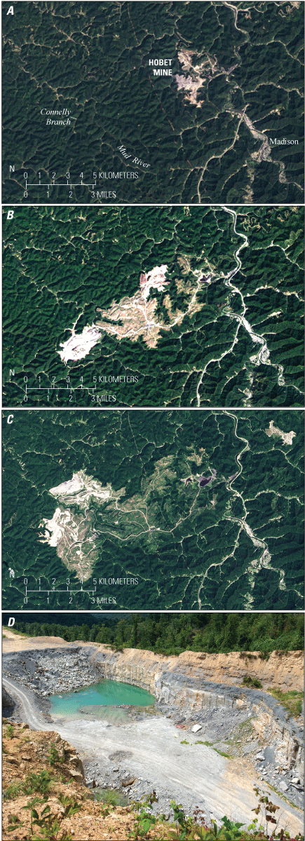 The disturbed mine area increases and expands west in satellite imagery from 1984
                     to 2015.