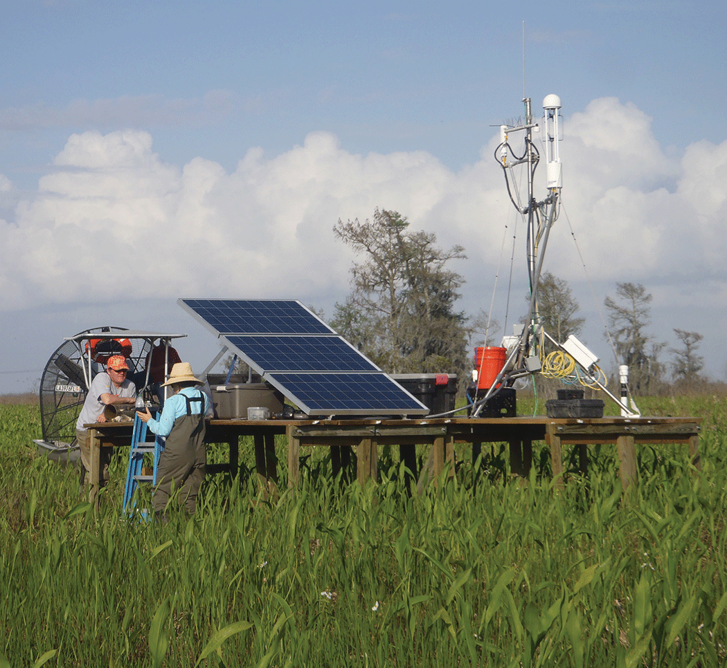 Two people in a grassy marsh are next to a large platform bearing scientific equipment.