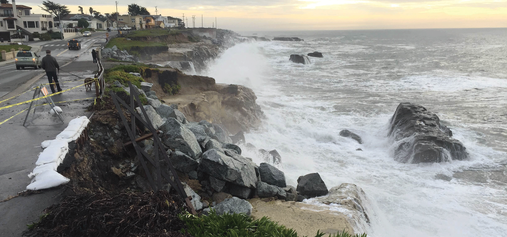 Under a yellow sky, a dog walker and cars are on a road where the edge is crumbling
                     into the sea. Large stones are piled below the road to slow the erosion.