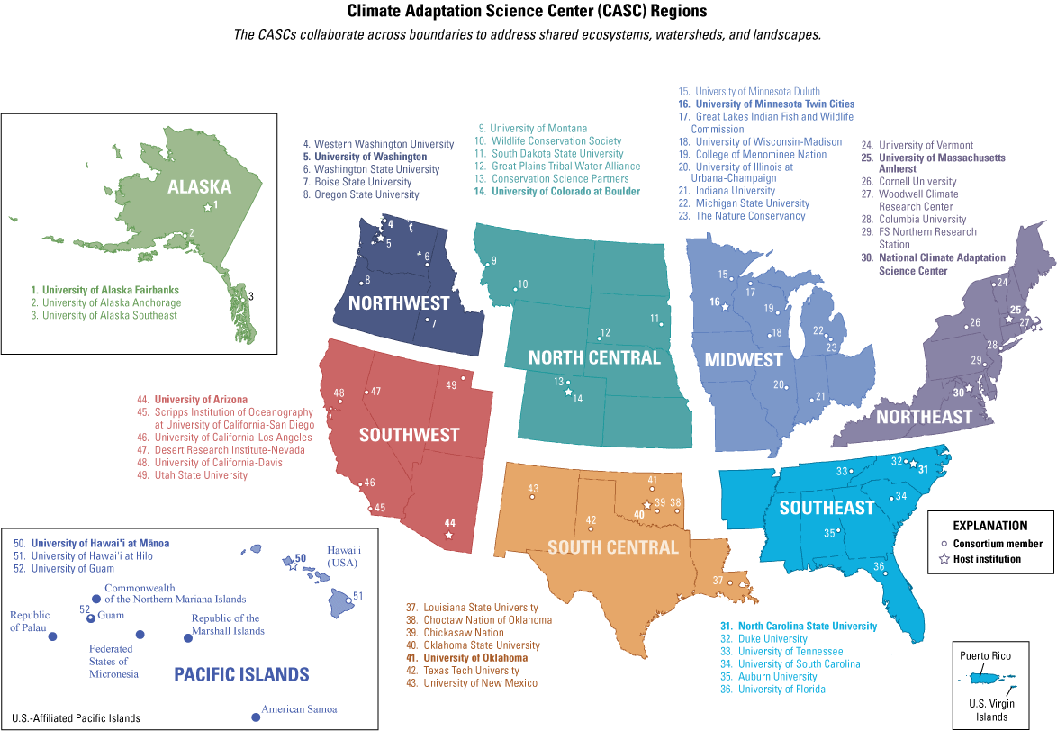 The National Climate Adaptation Science Center is in Virginia; the nine regional Climate
                     Adaptation Science Centers provide scientific services across the United States, affiliated
                     Pacific Islands, and associated territories.