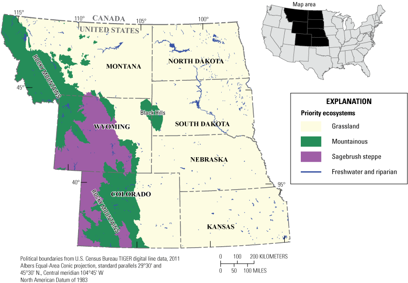 Mountains and sagebrush are concentrated along the western edges of the region; grasslands
                        cover the rest of the region; there are areas of freshwater throughout the region.