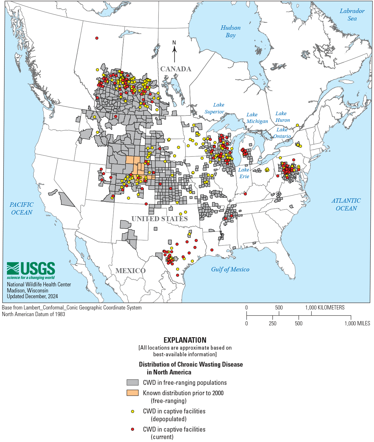 A gray map of North America shows where CWD was detected in cervids in Canada and
                     the USA in captive and free-ranging populations.