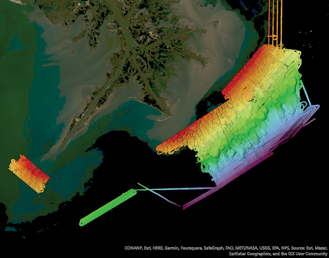 Map showing multibeam bathymetric data collected during a geophysical research effort
                        to characterize the sea floor offshore of the Mississippi River Delta front, Louisiana,
                        September 2023.