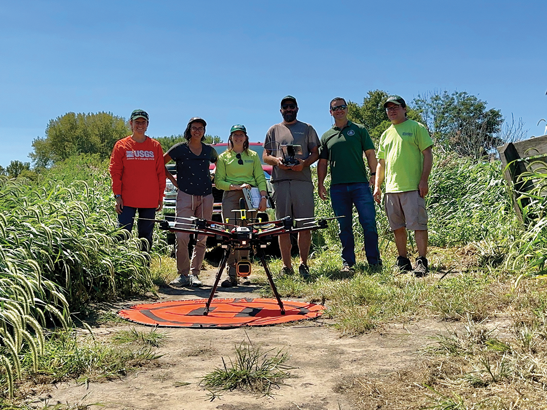 Small uncrewed aircraft system pilots from the U.S. Geological Survey (USGS) Woods
                                 Hole Coastal and Marine Science Center (WHCMSC) and the New York Water Science Center
                                 capturing light detection and ranging (lidar) data to monitor cleanup of the landfill
                                 and surrounding coastal ecosystems at the John Heinz National Wildlife Refuge and
                                 Lower Darby Creek Area Superfund site in Pennsylvania. The project is supported and
                                 coordinated by the U.S. Environmental Protection Agency (EPA). Pictured from left
                                 to right—Sandy Brosnahan, Jin-Si Over, Jen Cramer (WHCMSC), Chris Gazoorian (USGS
                                 New York Water Science Center), Josh Barber (EPA), and Seth Ackerman (WHCMSC).