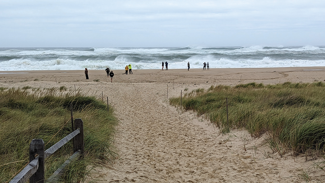 Waves break on the outer bar at Head of the Meadow Beach, Cape Cod National Seashore,
                                 Massachusetts, during Hurricane Lee.