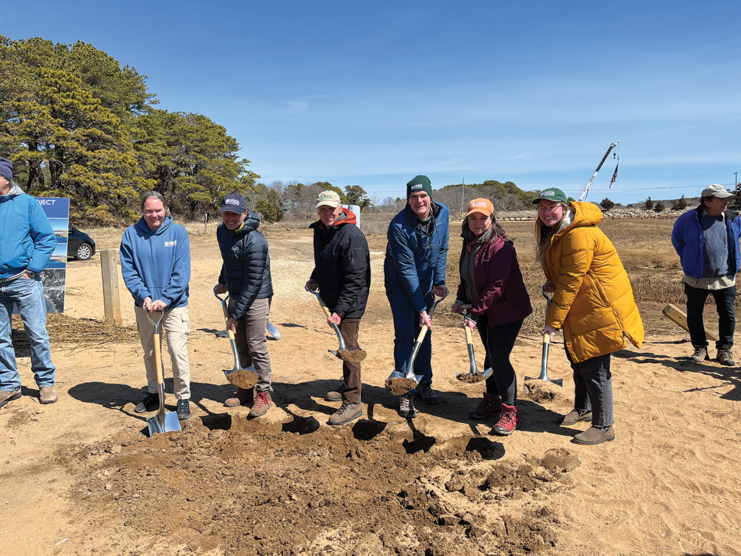 The U.S. Geological Survey celebrating the groundbreaking of the Herring River restoration
                                 in Wellfleet, Massachusetts. From left to right, Meagan Eagle, Marcel Belaval, Kevin
                                 Kroeger, Rob Thieler, Jennifer O’Keefe-Suttles, and Sophie Kuhl.