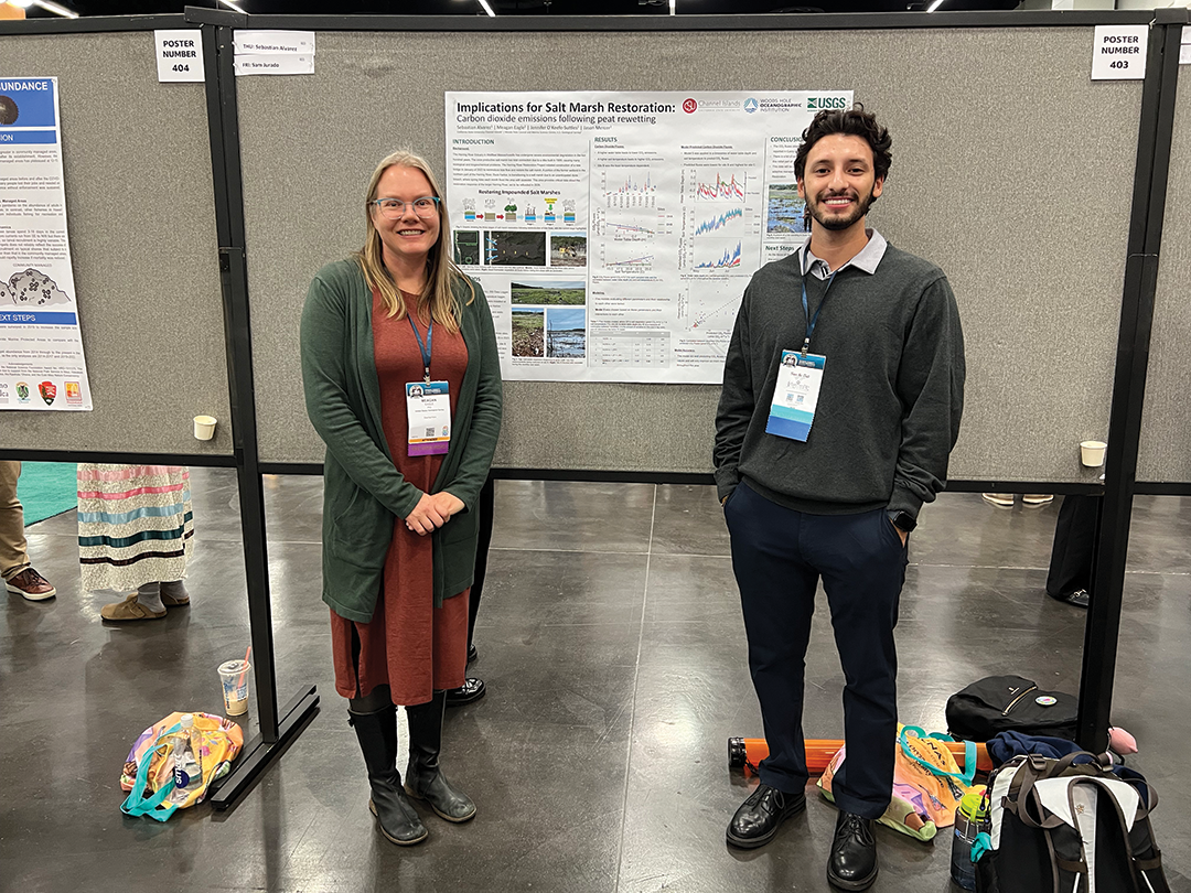 Meagan Eagle and Sebastian Alvarez at the 2023 Society for Advancement of Chicanos
                           and Native Americans in Science (SACNAS) Conference.