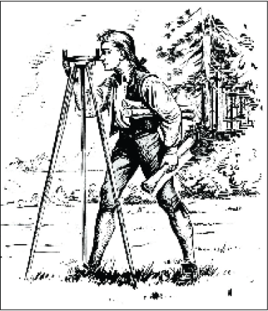 Man standing behind tripod surveying area holding rolled up document and forest is
in the background.