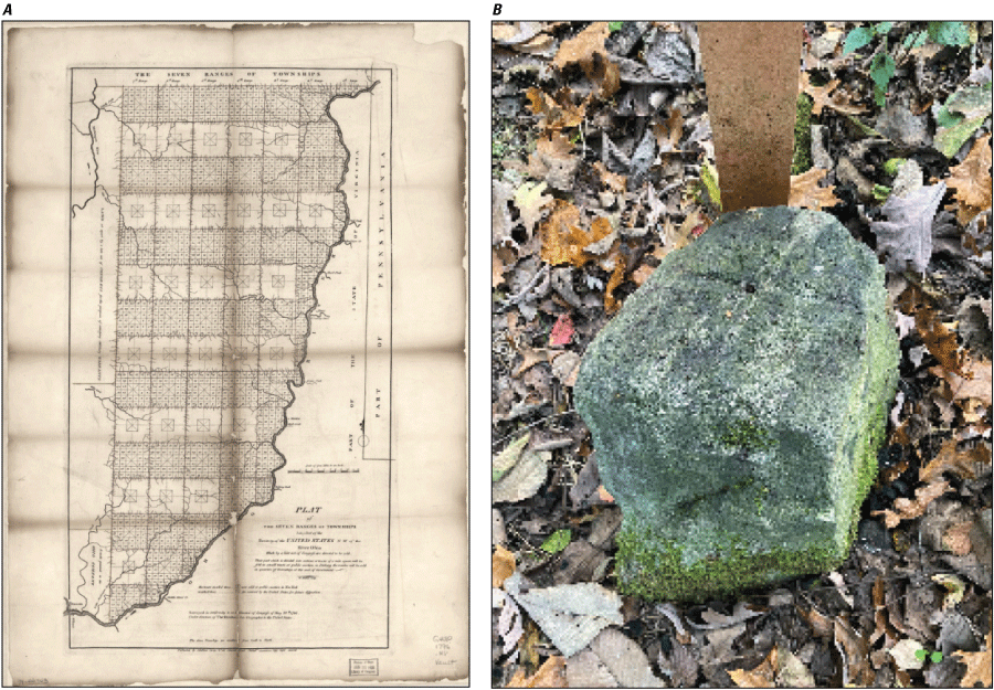 (A) A scanned image of an aged map with fold marks. (B) A stone with varied green
shades and moss sitting among leaves.