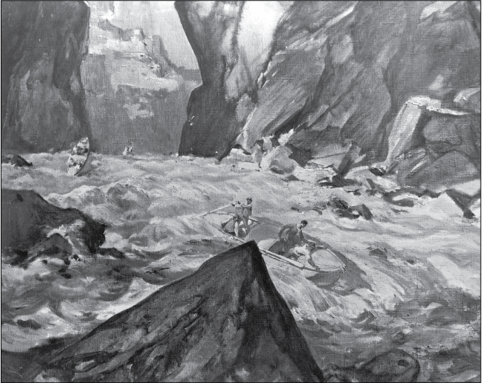 Black and white image of two boats on a turbulent river, a foreground boat has three
people; one handles a steering oar.