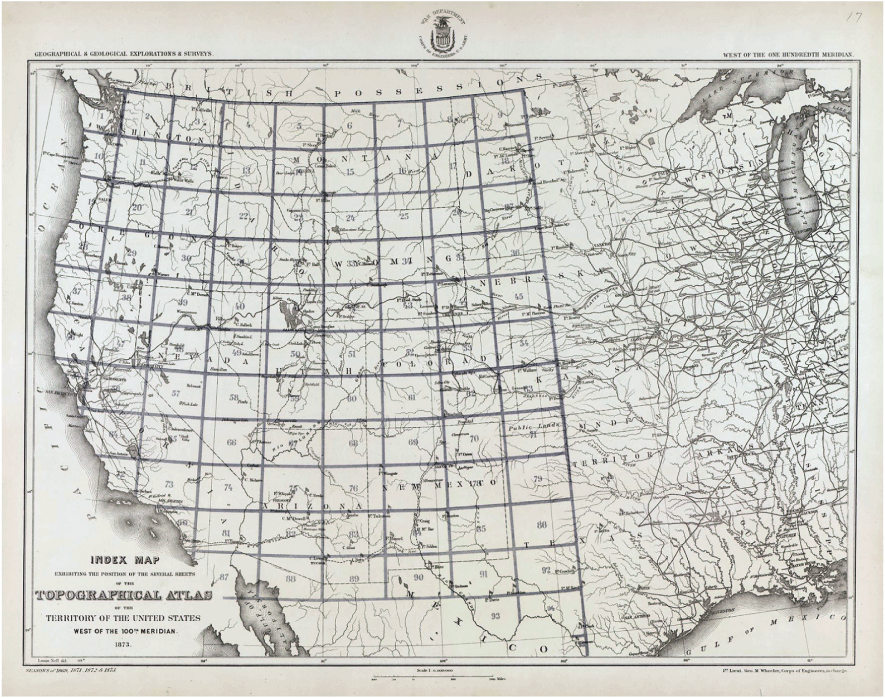 Index map of the western three-fourths of the United States. The entire Western United
States is subdivided into an index grid.