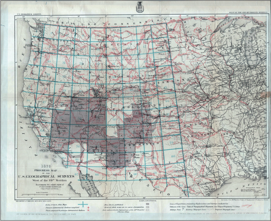 Large sections of Colorado, New Mexico, Arizona, Nevada, and California are shaded
to show completed or in-preparation maps.