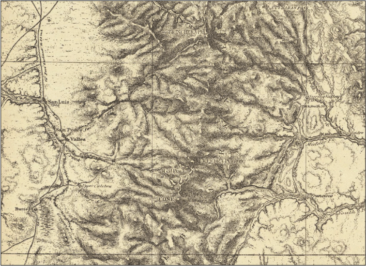 The map background is yellow, and texture is shown in gray-brown, and “San Luis” and
“San Pedro” are labeled.