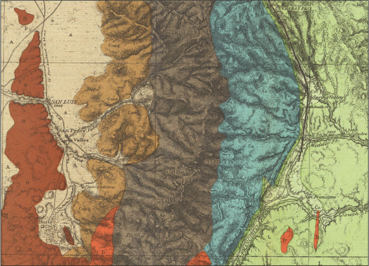Six unnamed geologic regions are characterized in the map. “San Luis” and “San Pedro”
are labeled.