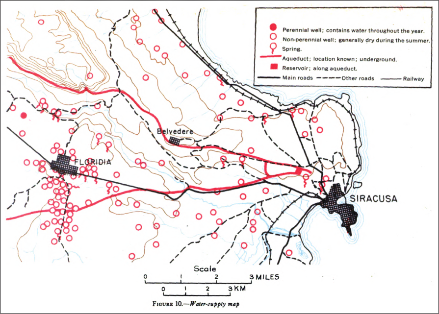 1:3 scale map. Labeled are perennial wells, nonperennial wells, springs, aqueducts,
reservoirs, roads and railways.