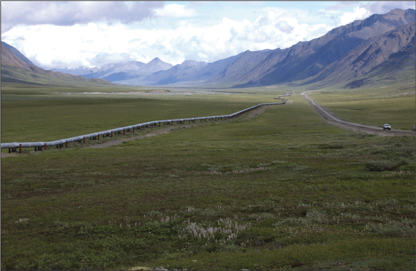 Pipeline crossing a long grassy area contained by mountains near a road. There is
a cloudy sky.