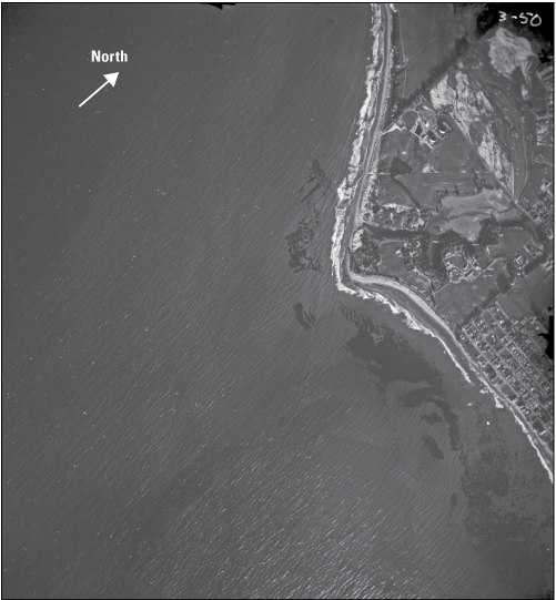 Black and white image shows oil slicks in the ocean near the coastline.