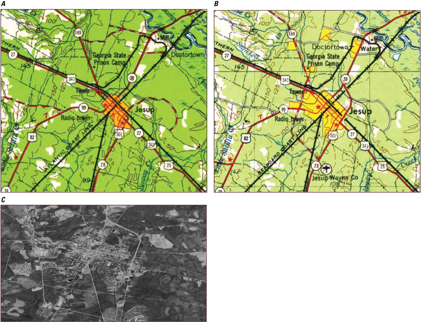The two maps show numbered roadways and interstates and named geographic features.
The satellite image is black and white.