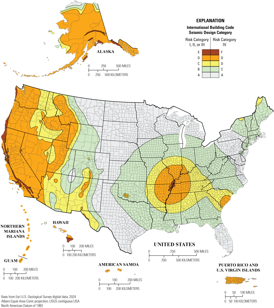 The highest risk areas are on the western U.S. coast and a few counties in western
Tennessee, southern Illinois, western Missouri, and northeastern Arkansas.