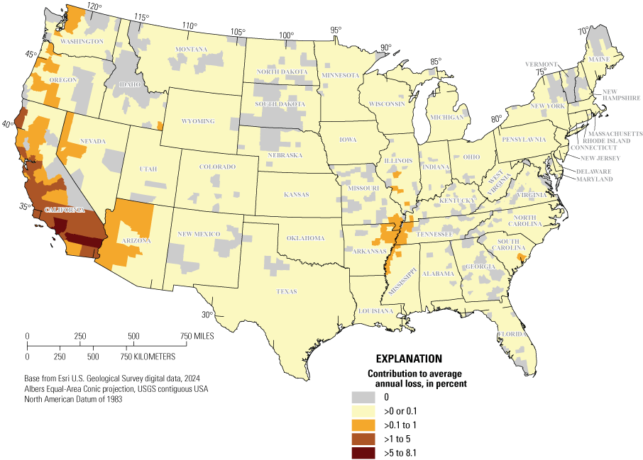 The highest contributions to average annual loss are between 5 and 8.1 percent in
southern California.