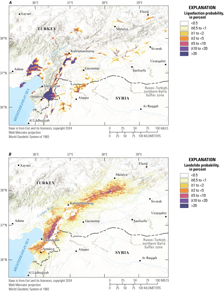 Landslide probability is greatest to the east of Adana and Antakya in Turkey. Liquefaction
is greatest to the north of Iskenderun in Turkey.