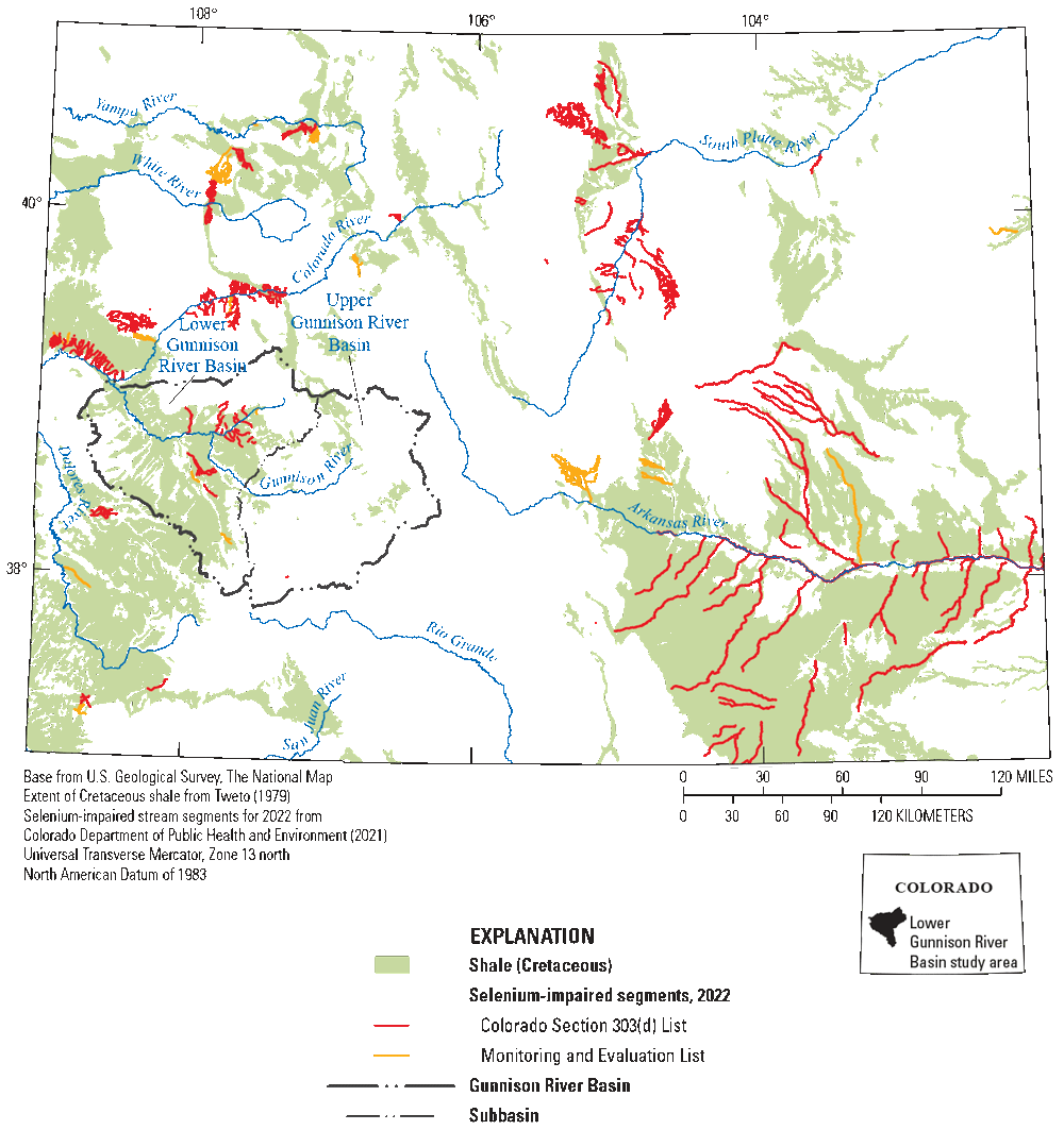Surficial extent of Cretaceous shale in Colorado and selenium-impaired streams on
the Colorado Section 303(d) list in 2022.