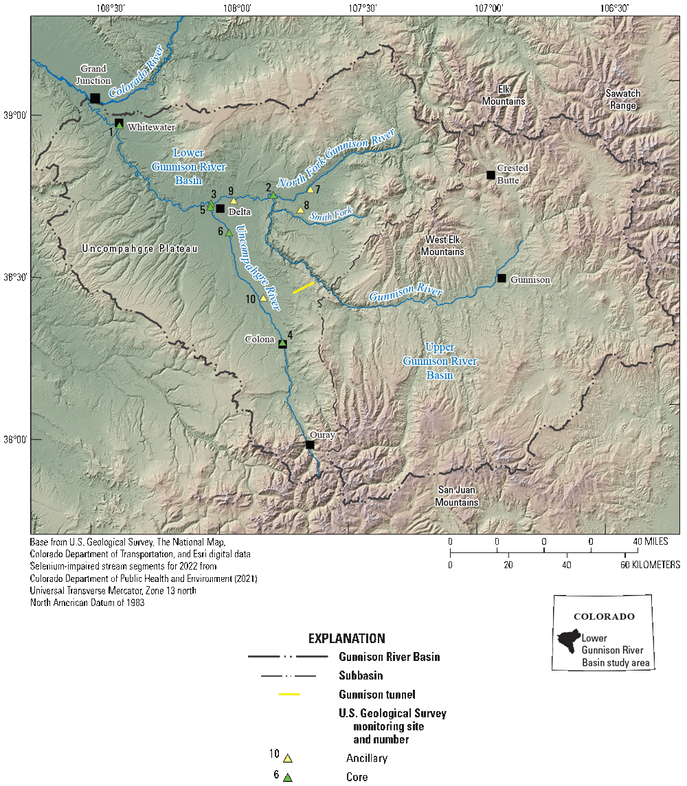 Lower Gunnison River Basin and selected U.S. Geological Survey surface-water monitoring
sites on the Gunnison River and major tributaries.
